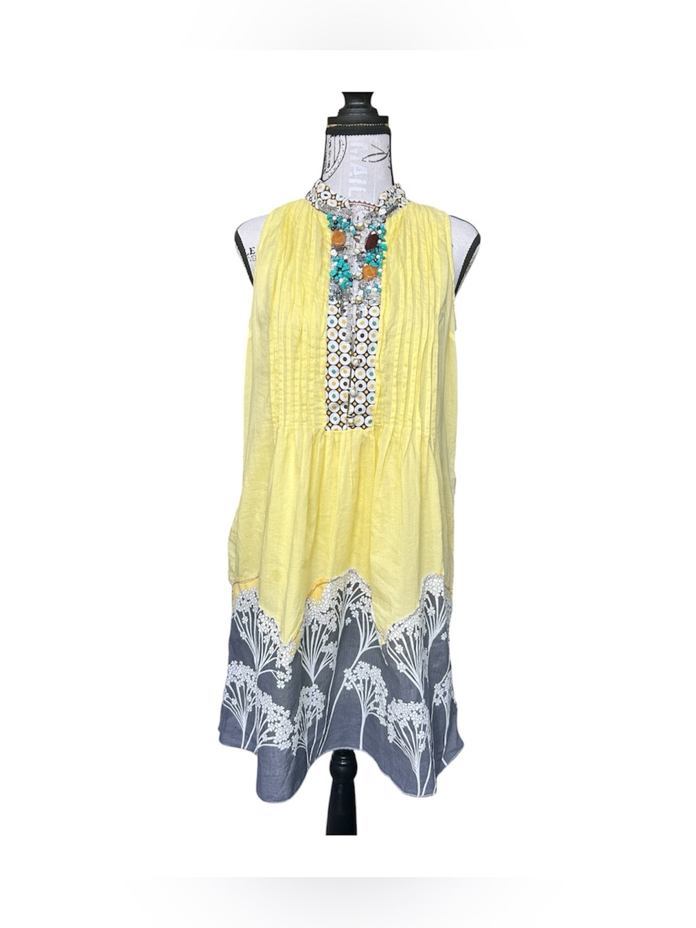 Ryu by Anthropologie Beaded Cotton Yellow Midi Dress size Medium